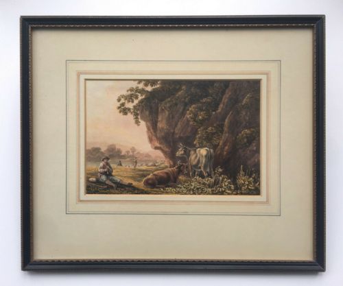 William Henry Harriott Antique 19th Century Watercolour Painting After Cuyp Dutch Cattle View in Hogarth Frame
