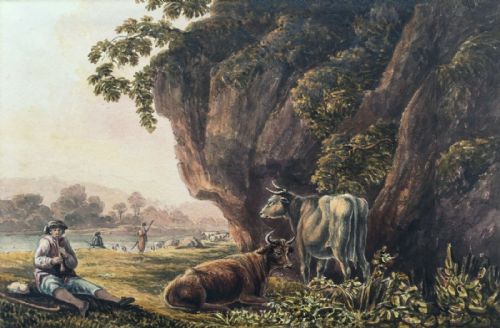 fig 1. WILLIAM HENRY HARRIOTT Antique 19th Century Watercolour Painting After CUYP Dutch Cattle View in Hogarth Frame