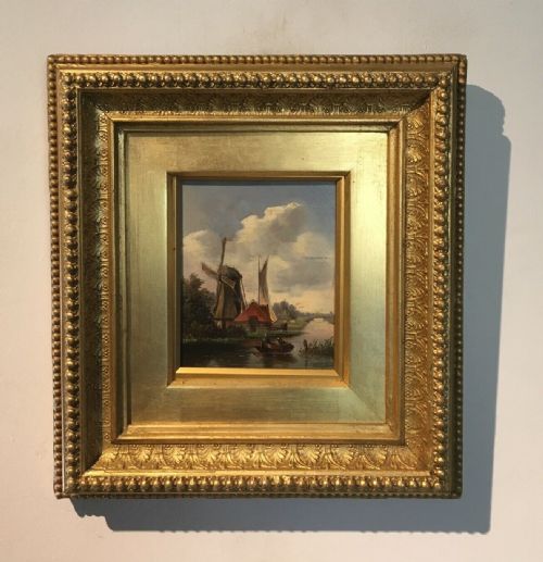 Antique Oil Painting on Wood Panel Dutch Flemish Summer Boat & Windmill Landscape & Solid Wooden Decorative Gilt Frame