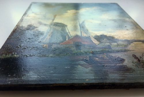 fig 1. Antique Oil Painting on Wood Panel Dutch Flemish Summer Boat & Windmill Landscape & Solid Wooden Decorative Gilt Frame