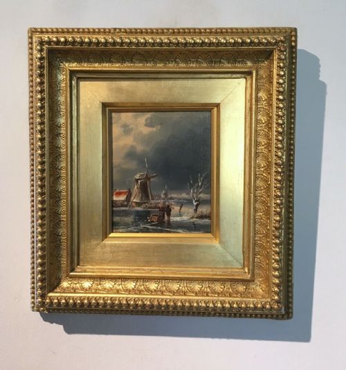 Antique Oil Painting on Wood Panel Dutch School Winter Figures Windmill Landscape in Decorative Wooden Gilt Frame