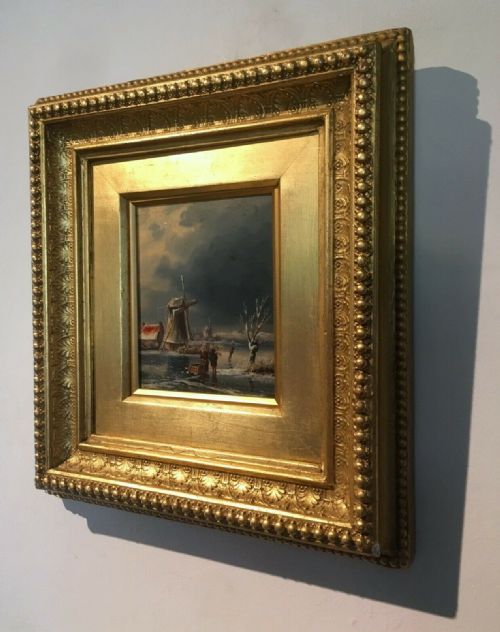 fig 1. Antique Oil Painting on Wood Panel Dutch School Winter Figures Windmill Landscape in Decorative Wooden Gilt Frame