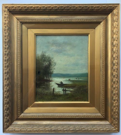 William F Hulk Original Antique Oil Painting Fisherman Boat & Cattle Landscape