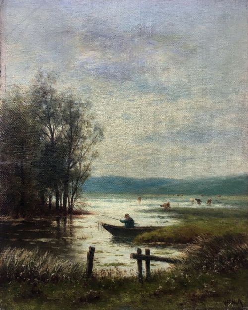 fig 1. WILLIAM F HULK Original Antique Oil Painting Fisherman Boat & Cattle Landscape
