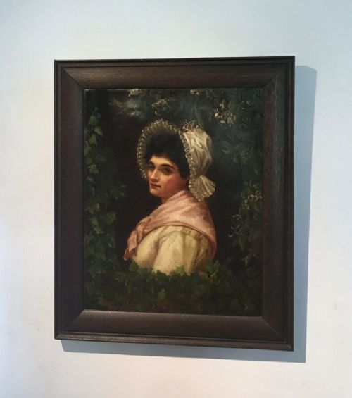 fig 1. Attributed to CHARLES SILLEM LIDDERDALE Original Antique Oil Painting Portrait of a Lady Surrounded by Honeysuckle & Ivy in Oak Frame