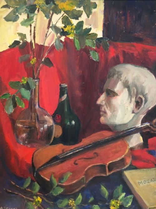 Angela Stones (British) Original Still Life Oil Painting Violin, Statue & Vase