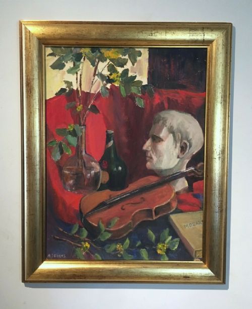 fig 1. Angela Stones (British) Original Still Life Oil Painting Violin, Statue & Vase