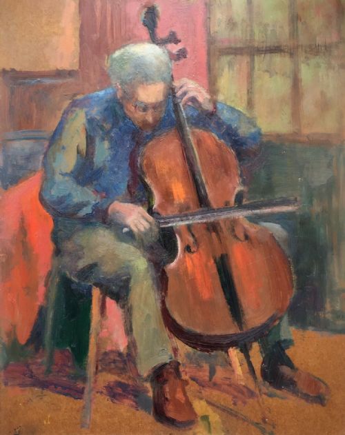 Attributed Angela Stones Original Oil Painting on Board Portrait Man with Cello