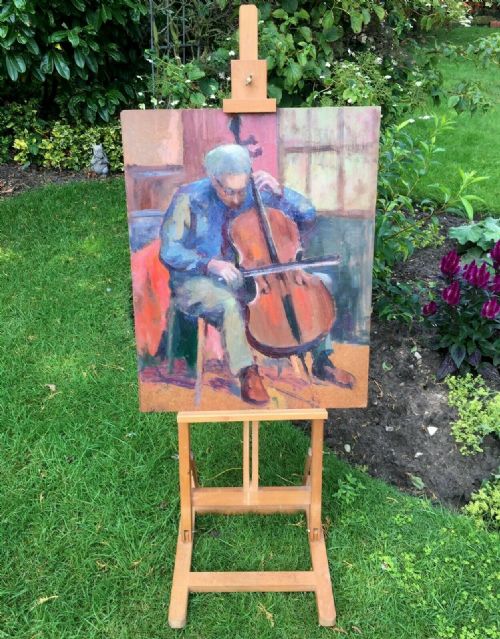 fig 1. Attributed Angela Stones Original Oil Painting on Board Portrait Man with Cello
