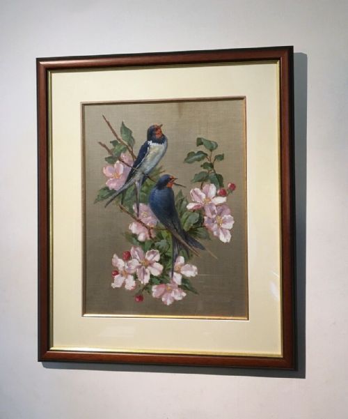 Birds & Flowers Original Early 20th Century Oil Painting on Silk, Two Swifts and Cherry Blossom