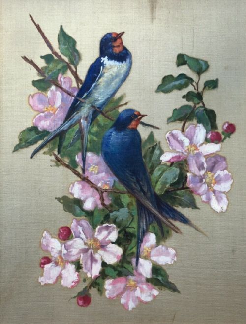 fig 1. Birds & Flowers Original early 20th Century Oil Painting on Silk, Two Swifts and Cherry Blossom