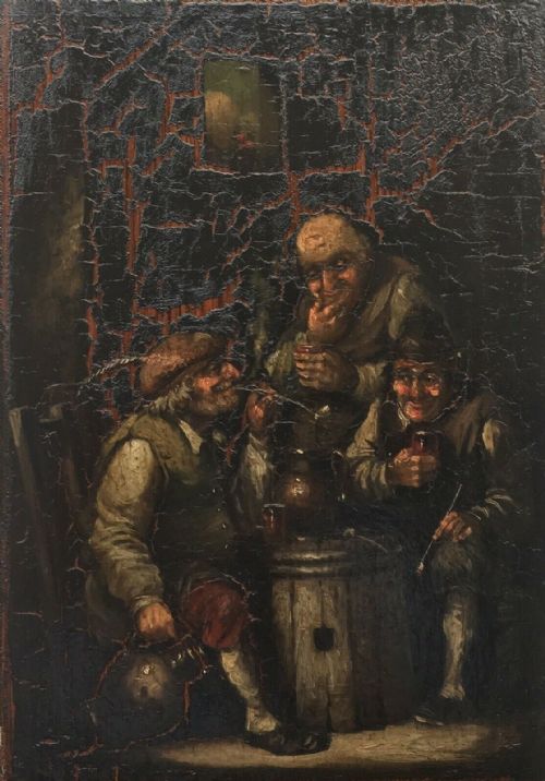 fig 1. Topers Smoking and Drinking in an Interior Original 19th Century Dutch School Oil Painting on Oak Panel