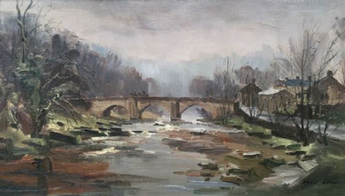 Angus Rands Signed Original 20th Century Oil Painting February at Richmond Bridge, Yorkshire Landscape