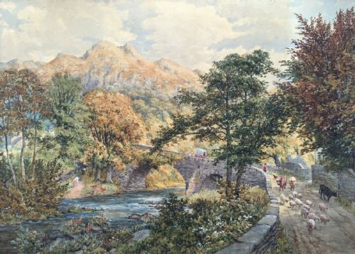 Ward Heys Signed 1875 Large Original Antique Watercolour Painting Cattle & Bridge in Cumbrian Landscape