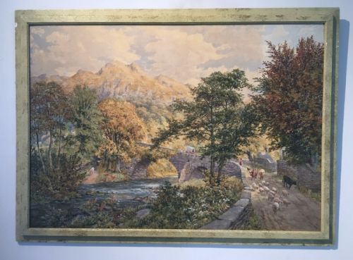 fig 1. WARD HEYS Signed 1875 Large Original Antique Watercolour Painting Cattle & Bridge in Cumbrian Landscape