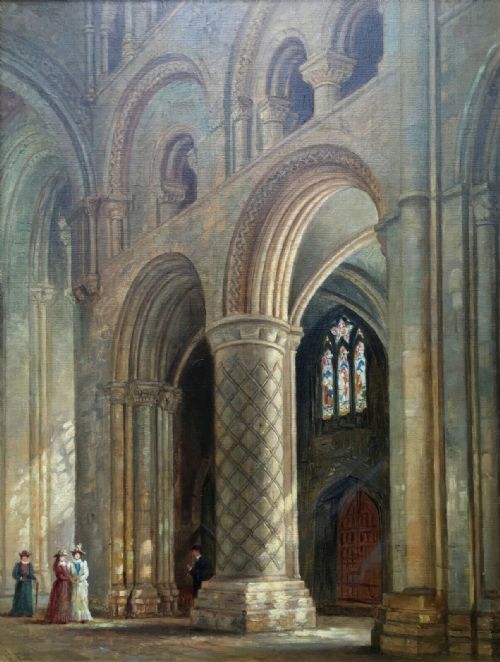 fig 1. G (George) Fall signed Original English Antique Oil Painting Interior of Durham Cathedral Original Framed 19th Century Architectural Study