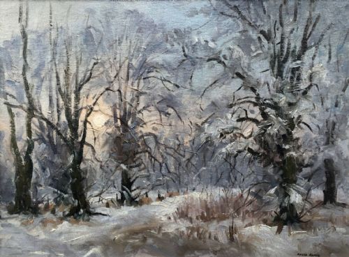 Beautiful Example Angus Rands Signed Original Oil Painting on Board Winter Snow Landscape at "January Afternoon Castle Howard", Nr York Yorkshire