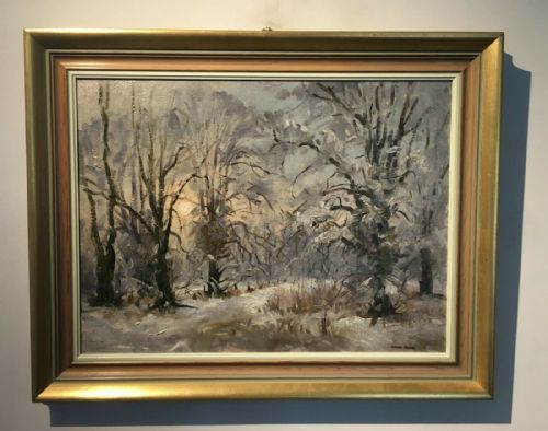 fig 1. Beautiful Example ANGUS RANDS Signed Original Oil Painting on Board Winter Snow Landscape at