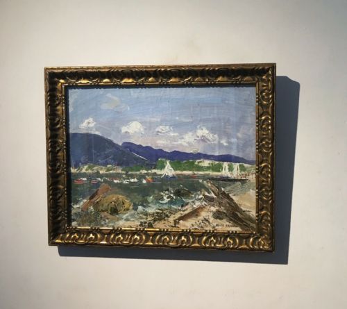 fig 1. ALICE FANNER (Bears a Signature) Antique Oil Painting Sailing Boats in a Bay Presented in Glazed Frame