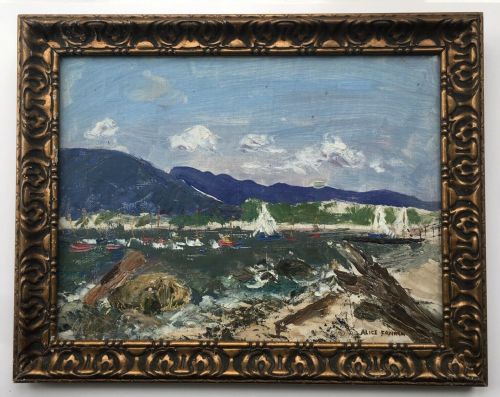 fig 2. ALICE FANNER (Bears a Signature) Antique Oil Painting Sailing Boats in a Bay Presented in Glazed Frame