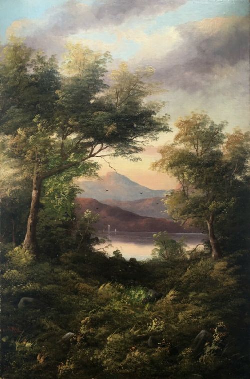 Signed Original Antique Oil Painting on Canvas English Lake District Landscape with Trees and Mountains