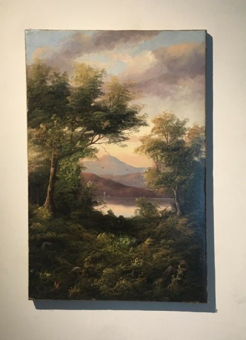 fig 1. Signed Original Antique Oil Painting on Canvas English Lake District Landscape with Trees and Mountains