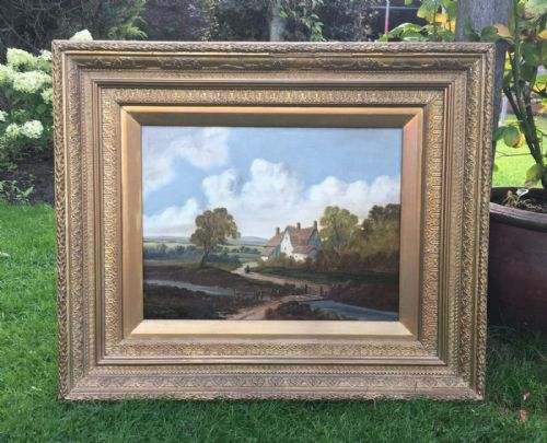 Original Antique English School Oil Painting Thatched Cottage Rural Landscape