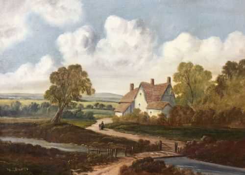 fig 1. Original Antique English School Oil Painting Thatched Cottage Rural Landscape