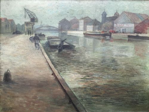 French School Canal River Dock Oil Canvas Painting Indistinctly Signed Dated 46