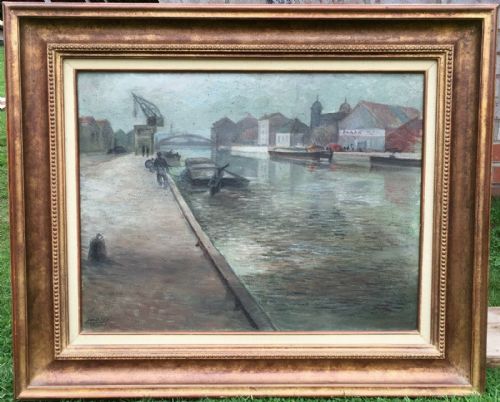fig 1. French School Canal River Dock Oil Canvas Painting Indistinctly Signed Dated 46