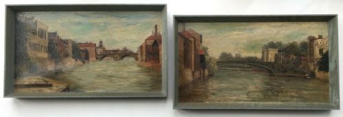 2 X Original 19th Century Antique Oil Paintings on Canvas York Bridge River Ouse Landscape