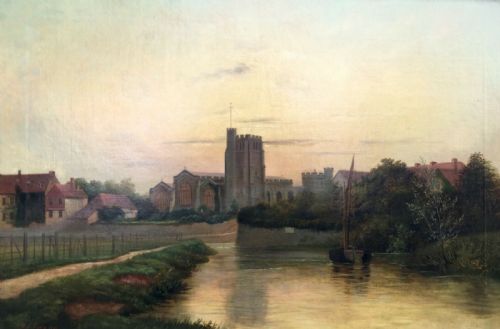 Signed W J Poole 1894 Original 19th Century Antique English Oil Painting on Canvas Church & River Medway Maidstone England