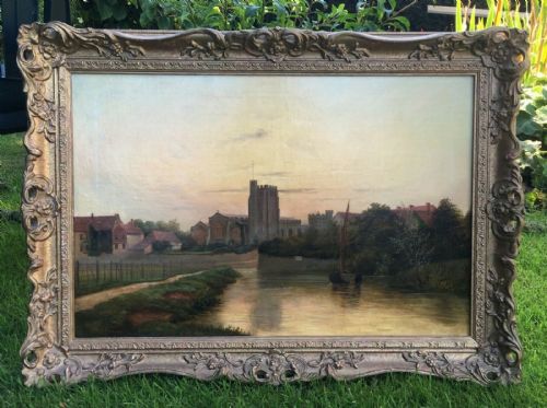 fig 1. Signed W J POOLE 1894 Original 19th Century Antique English Oil Painting on Canvas Church & River Medway Maidstone England