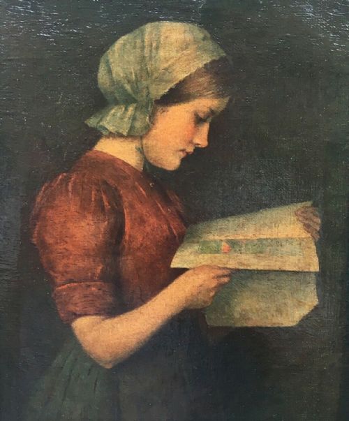 English School Original 19th Century Antique Oil Painting on Canvas Portrait of a Girl Reading a Book