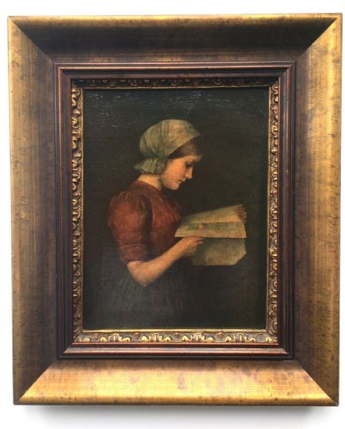 fig 1. English School Original 19th Century Antique Oil Painting on Canvas Portrait of a Girl Reading a Book