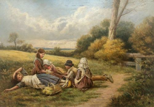 Manner of Birket Foster Bears Monogram Original English Antique Oil Painting on Board 'Cowslip Gatherers'