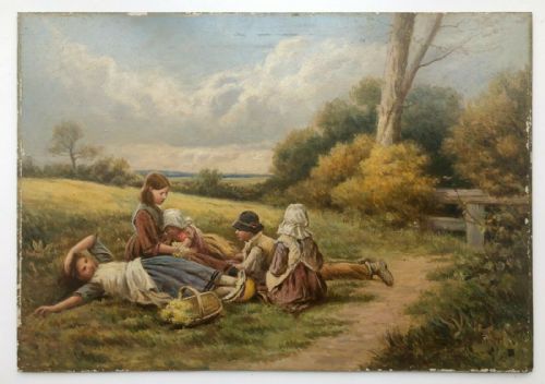 fig 1. Manner of BIRKET FOSTER bears Monogram Original English Antique Oil Painting on Board 'Cowslip Gatherers'