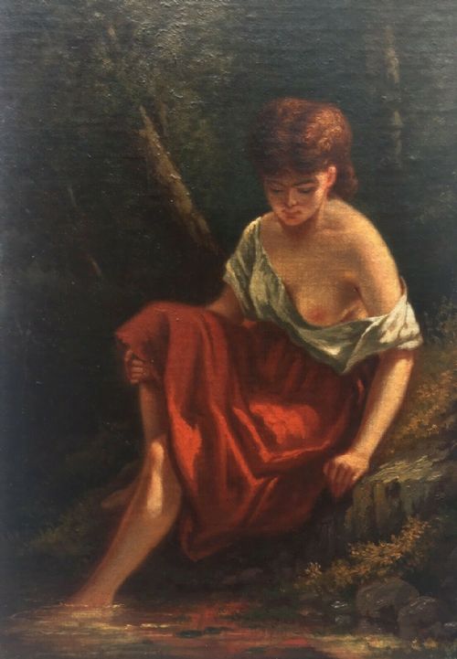 19th Century English School Original Oil Painting on Board Portrait of Lady Bathing in Stream