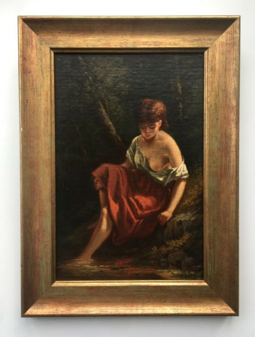 fig 1. 19th Century English School Original Oil Painting on Board Portrait of Lady Bathing in Stream