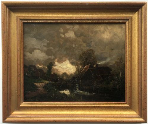 A Bell Signed English School Oil Landscape Original Painting Moonlight Watermill