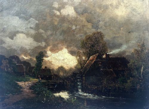 fig 1. A Bell Signed English School Oil Landscape Original Painting Moonlight Watermill