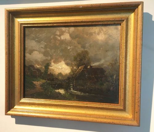 fig 2. A Bell Signed English School Oil Landscape Original Painting Moonlight Watermill