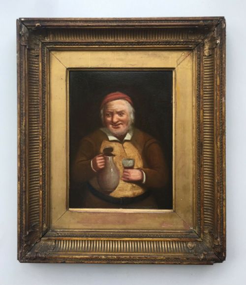 Continental Style Original Antique Oil Painting Portrait of Man with Wine Jug