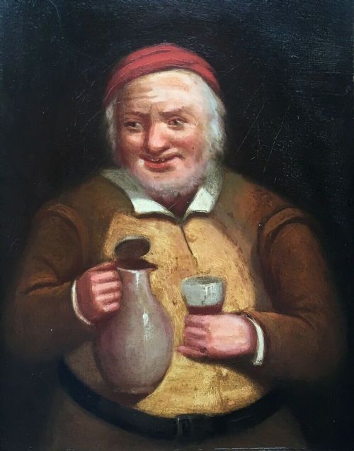 fig 1. Continental Style Original Antique Oil Painting Portrait of Man with Wine Jug