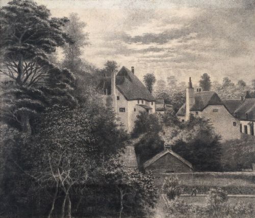 fig 1. Signed SANDYS Antique Original Charcoal Drawing COOMBE IN TEIGNHEAD Devon