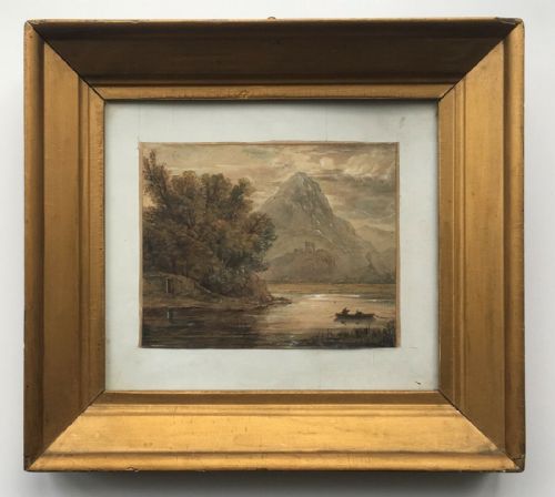 Original 19th Century Antique Watercolour Painting River Landscape with Castle & Boat in Vintage Wooden Glazed Frame