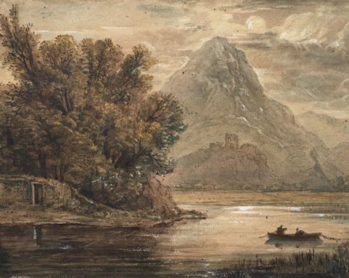 fig 1. Original 19th Century Antique Watercolour Painting River Landscape with Castle & Boat in Vintage Wooden Glazed Frame