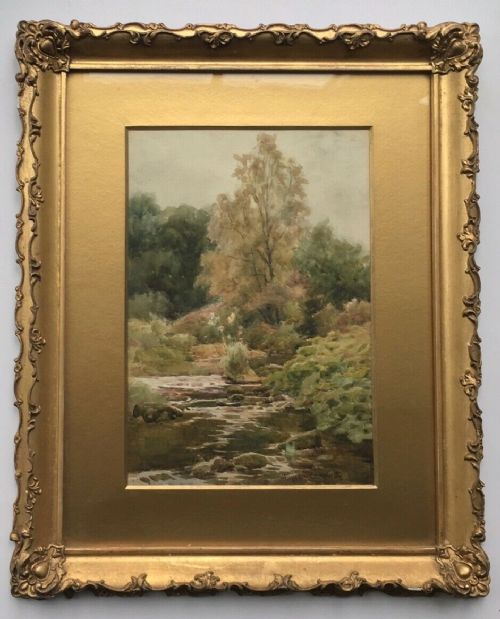 J Hodgson Campbell Signed Original English Antique Watercolour Painting River & Woodland Landscape