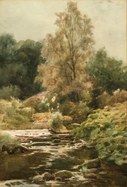 fig 1. J Hodgson Campbell Signed Original English Antique Watercolour Painting River & Woodland Landscape