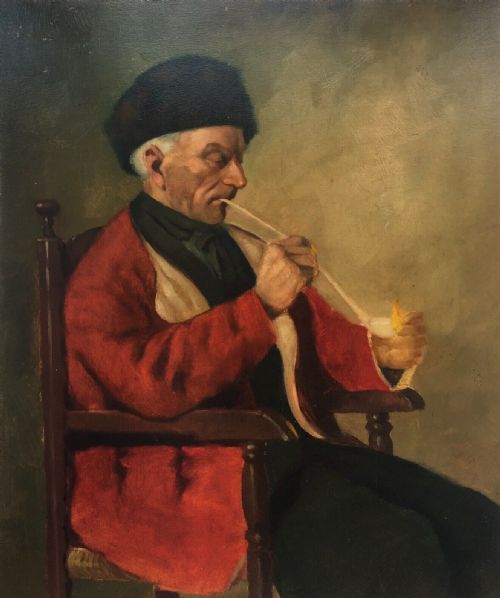 J Haupt Original Continental School Oil Painting Portrait of Man Smoking a Pipe